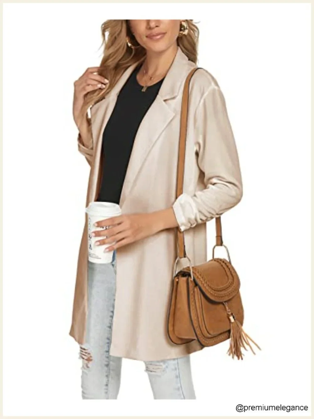 Women's 3/4 Sleeve Blazer Notch Lapel One Button Long Jacket